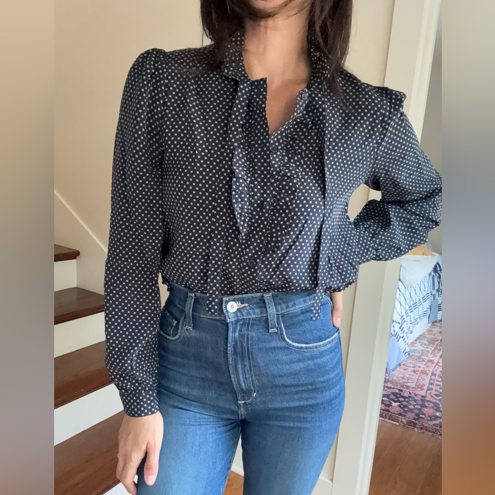 Nili Lotan Navy and White Polka Dot Blouse